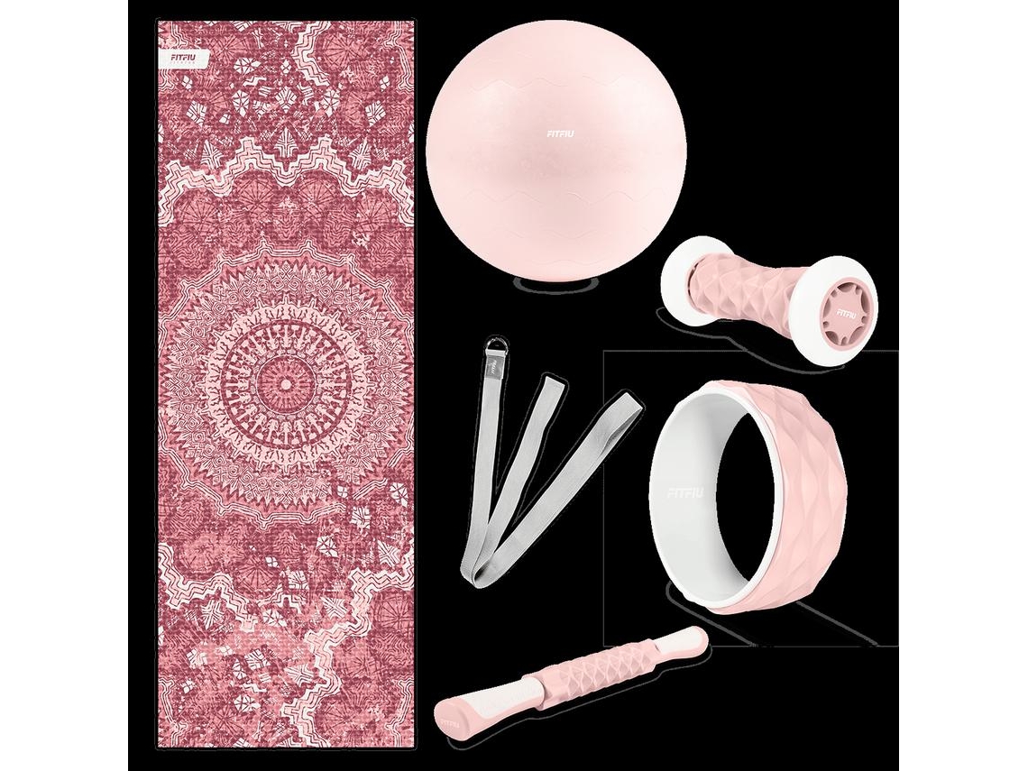 Kit 6 accesorios para yoga y pilates FITFIU FITNESS KITWELL-600 ROSA, esterilla, rueda, fitball, correa, 2 masajeadores