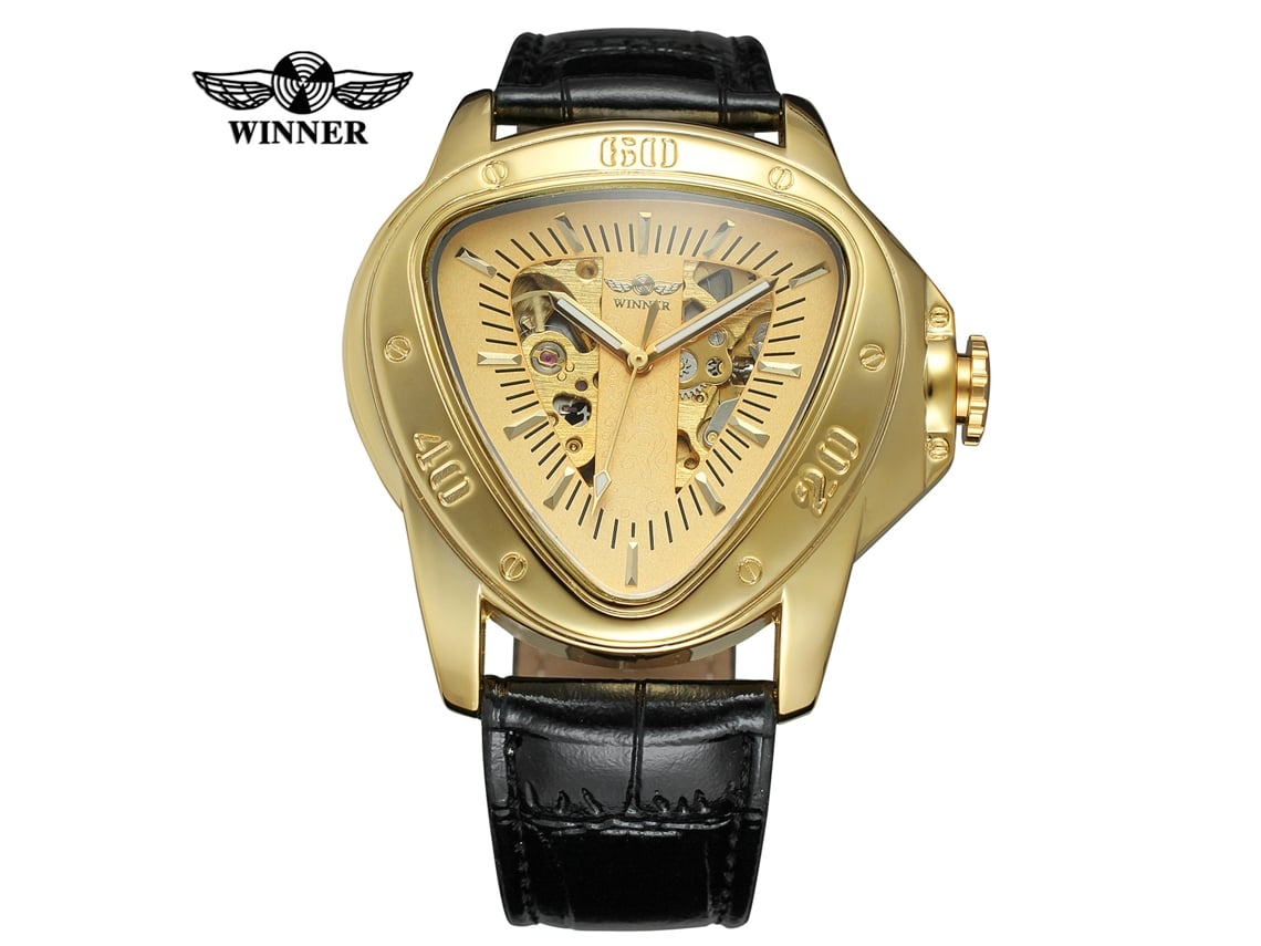 (Estilo 3) Reloj mecánico triangular para hombre con tapa trasera esqueletizada y correa de cuero transparente.