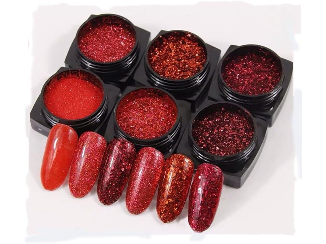 6 cajas de purpurina roja - Para manicura - Purpurina cromada con efecto espejo, gel UV - Purpurina empapada en purpurina.