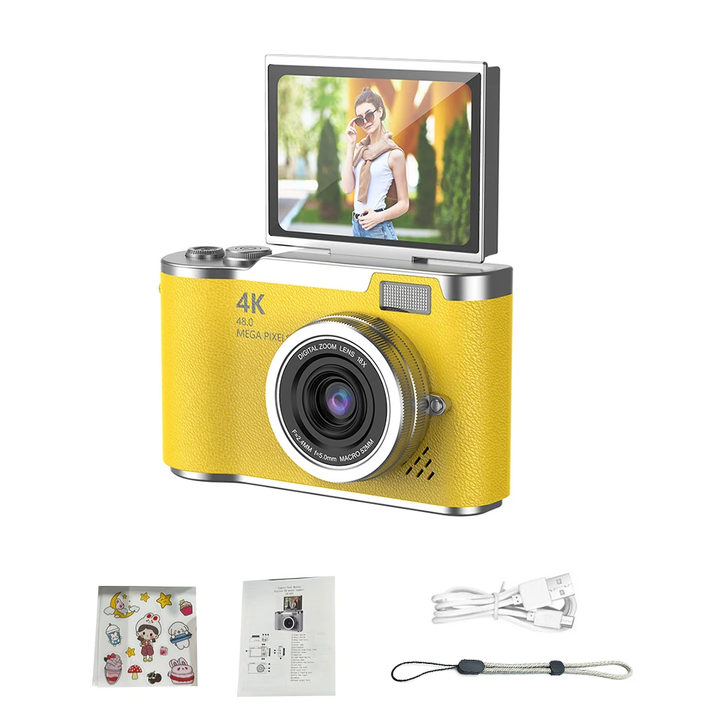 (amarillo - 128 Gb) Cámara Digital 4k - 48 Mp - Cámara Para Niños - Enfoque Automático - Pantalla De 2,4 Pulgadas - Abatible 180°