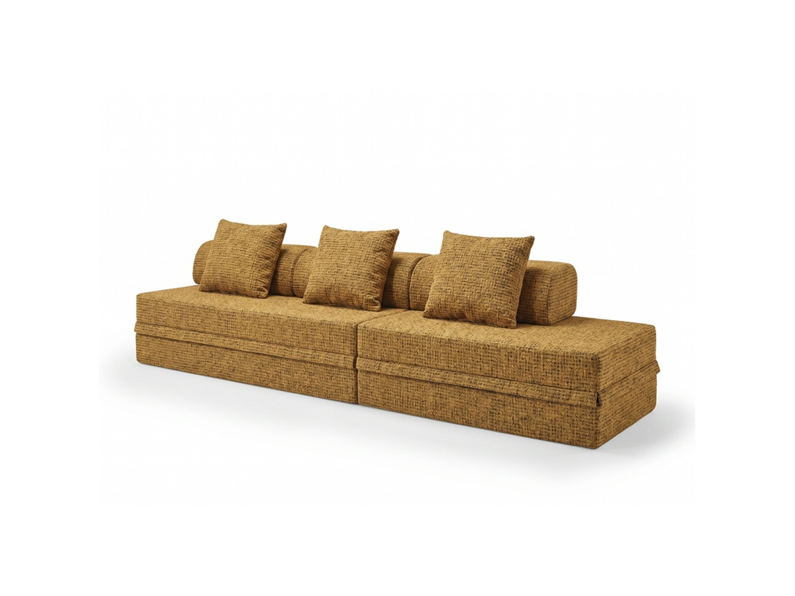 Sofá modular convertible de 3+2 plazas, color mostaza y tweed, SKOFFA
