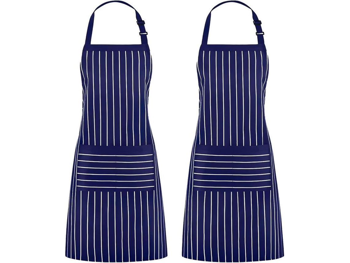 Conjunto ajustable de 2 piezas a rayas con 2 bolsillos, unisex, para cocina, chef, barbacoa, pintura azul marino.