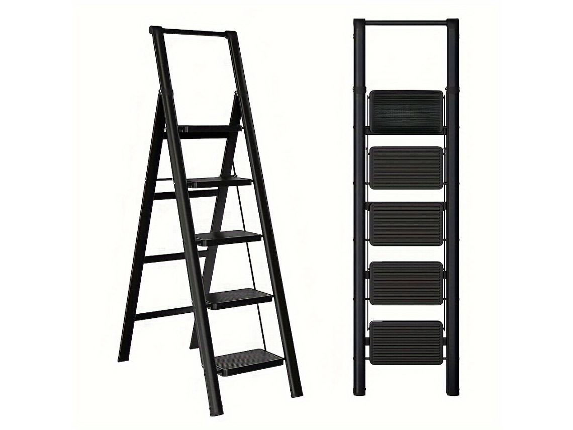 Escalera De 5 Peldaños Con Pedales Anchos Y Asa Plegable - Multiusos
