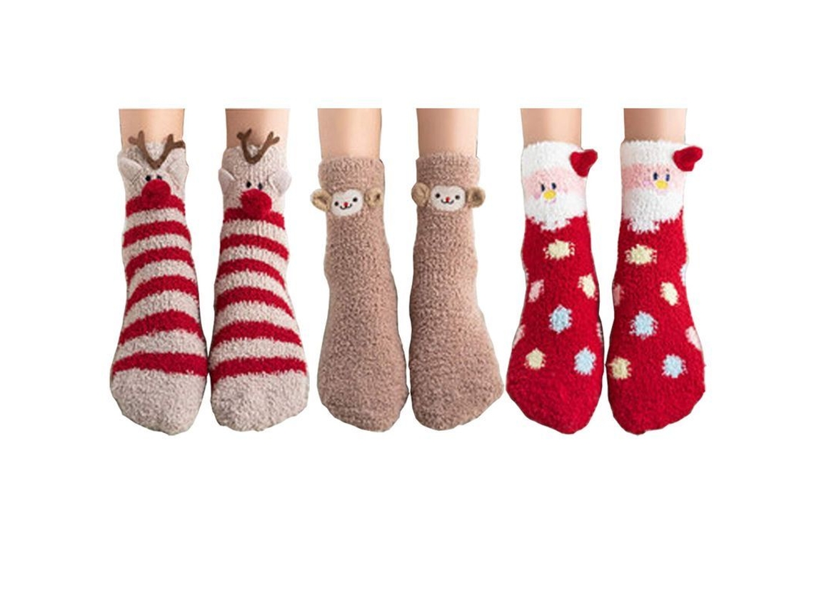 Rebe - 3 pares de calcetines navideños para mujer, cálidos para invierno, con renos y copos de nieve, regalo de Navidad