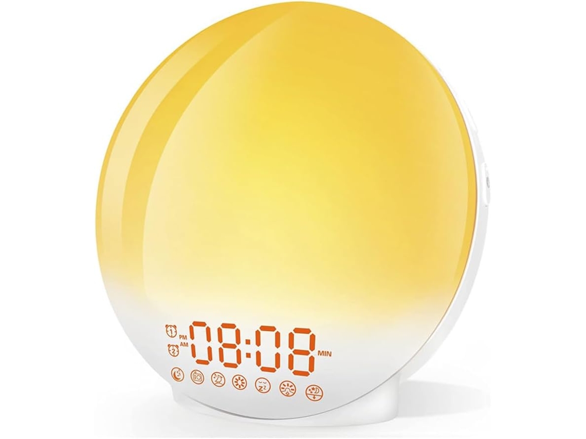 Luz de despertador, luz nocturna de 7 colores con simulación de amanecer y atardecer, alarmas duales con sonidos naturales Chronus (blanco)