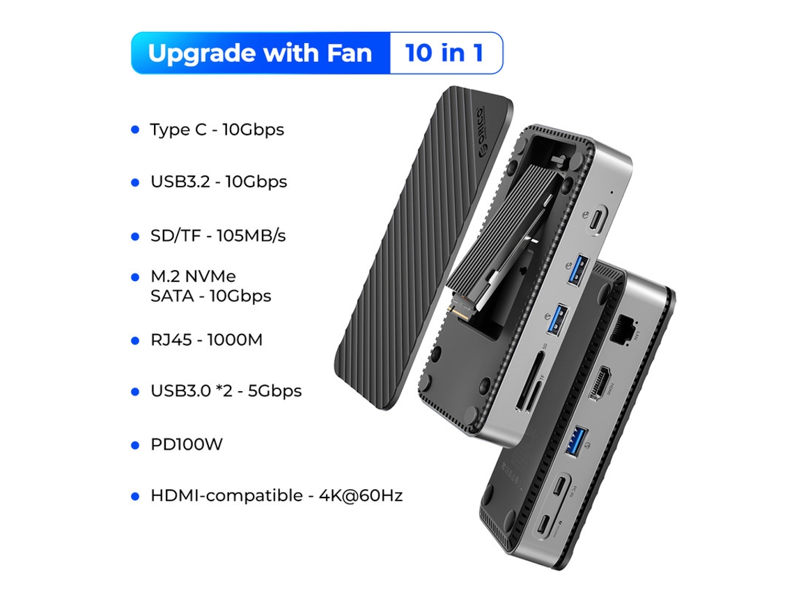 Estación de acoplamiento con concentrador USB C Yizhood, ventilador, carcasa externa SSD M.2 Nvme Sata de 10 Gbps, 4K, 60 Hz, HDMI con RJ45, SD, TF, color negro