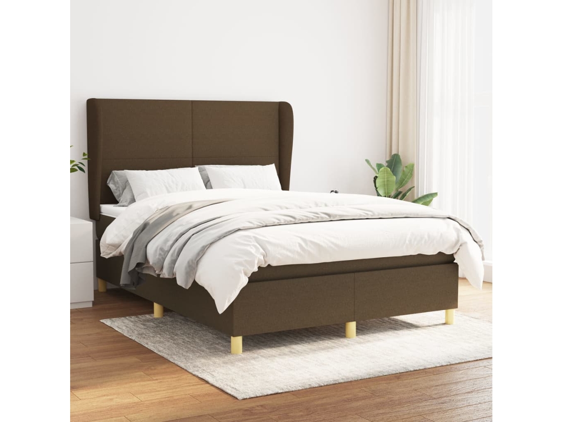 Cama Box Spring Con Colchón Tela Marrón Oscuro 140x190 Cm