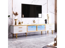 Mueble Para Tv De Mármol 170 Cm, Iluminación Led, 4 Cajones, 2 Puertas De Cristal Templado Marrón, Para Salón O Dormitorio, Blanco