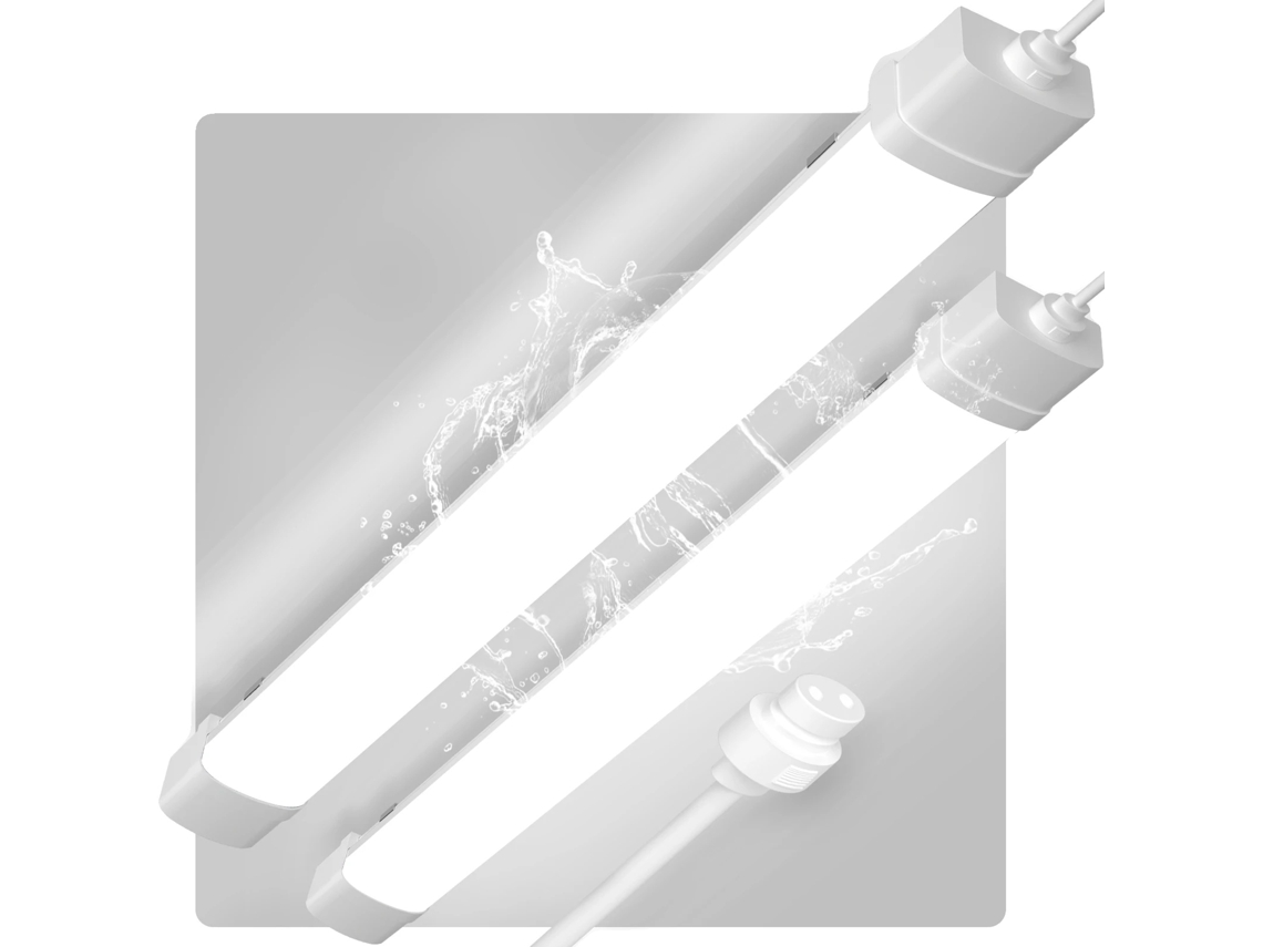 Lámpara LED lineal, diseño impermeable, bajo consumo energético, luz blanca fría.