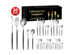 Juego De Cubiertos De Cuchillo, Tenedor Y Cuchara Occidental De Acero Inoxidable, 30 Piezas, A Plateado Negro SIURN