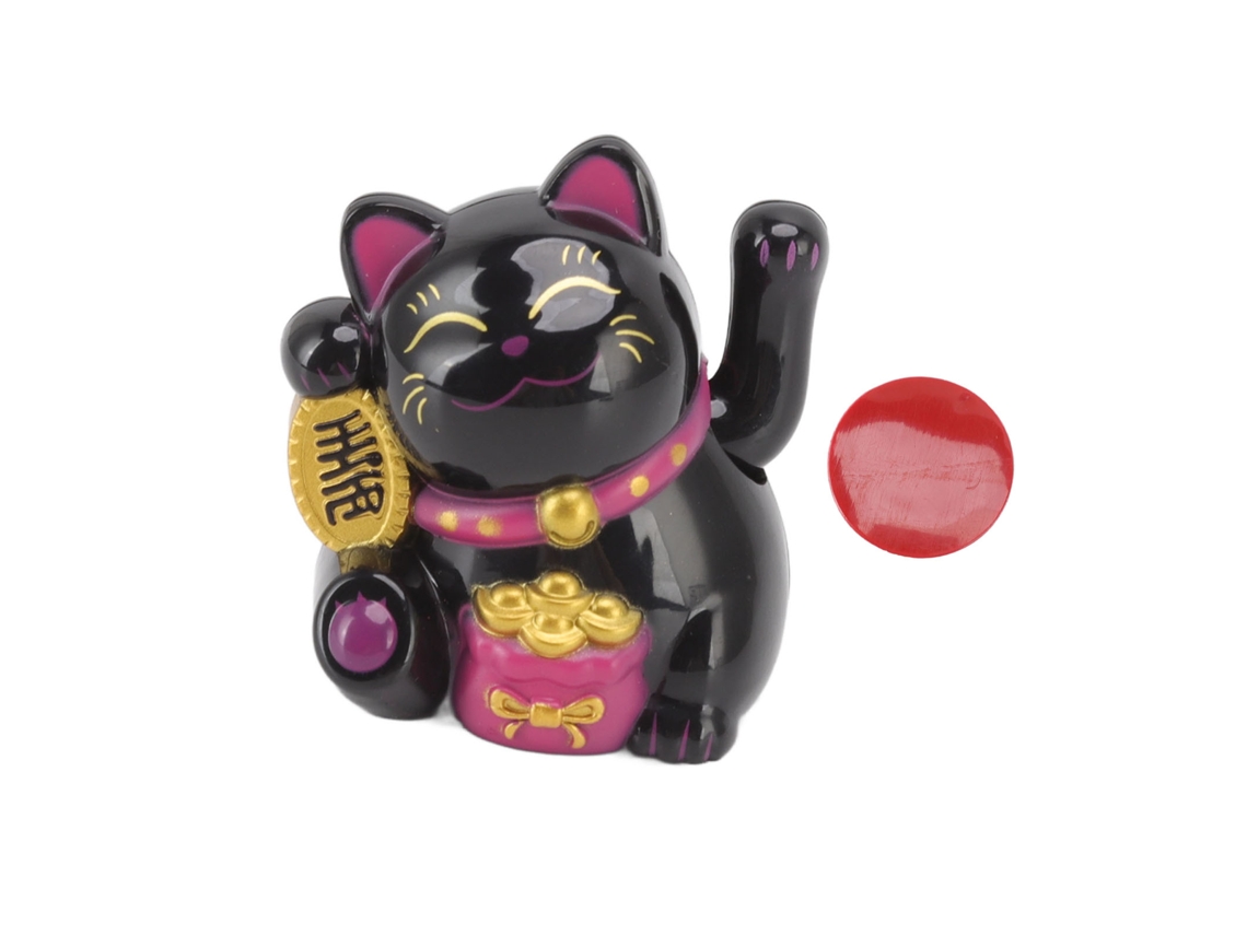 Gato de la suerte chino Baok con brazo móvil, estatua decorativa con luz solar para el hogar y el coche, color negro.