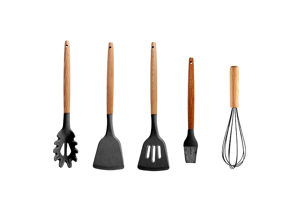 Juego De Utensilios De Cocina De Silicona Con Mango De Madera - Negro JEIIBRZUI