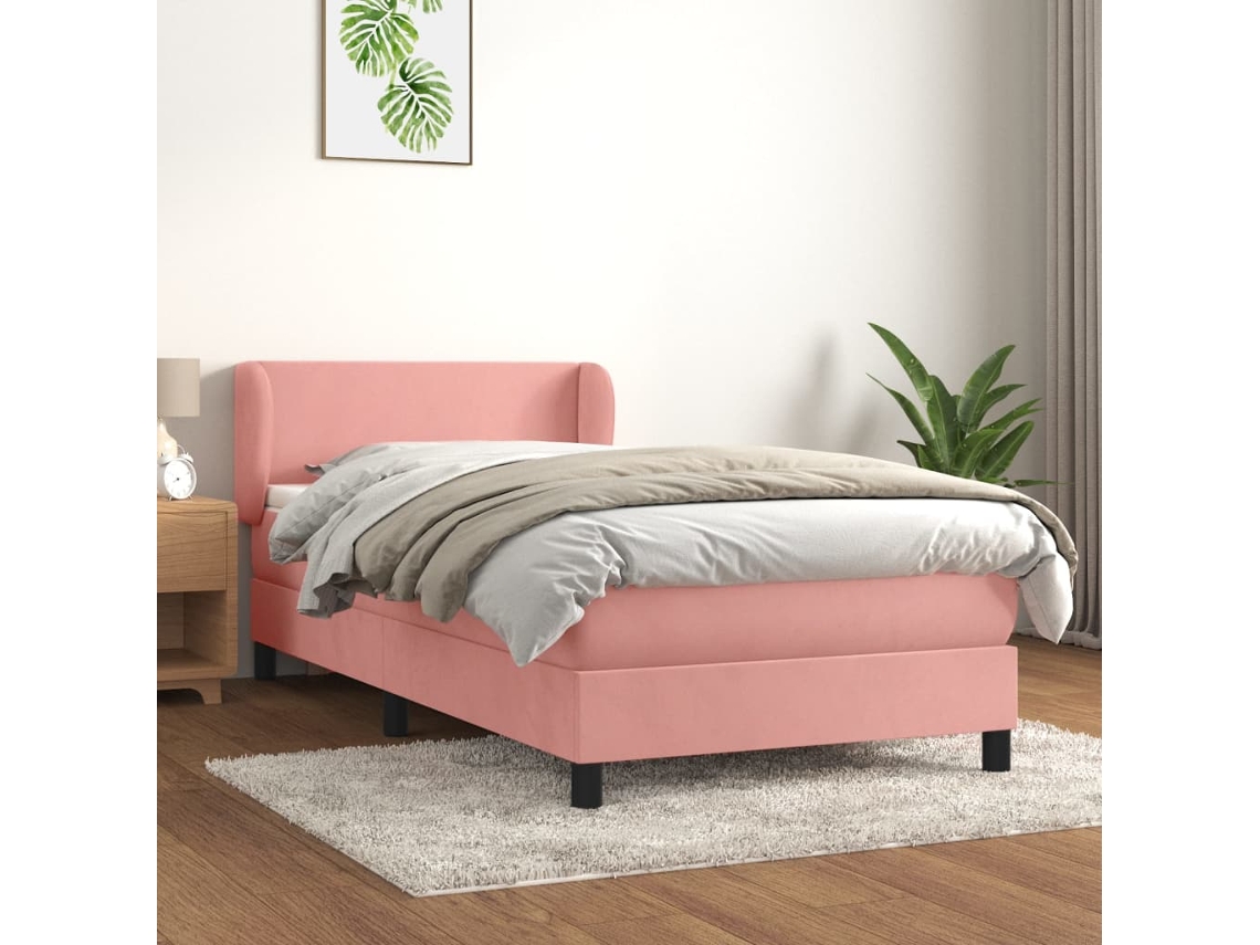 Cama Box Spring Con Colchón Terciopelo Rosa 100x200 Cm