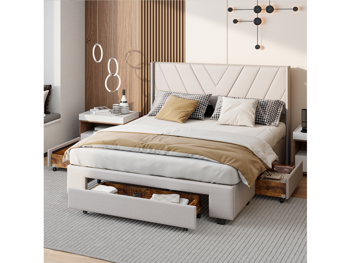 Cama Matrimonial Grande 160x200cm Con 3 Cajones, Cama Tapizada De Adulto Con Almacenaje Extra Y Cabecero Ancho En Lino Beige