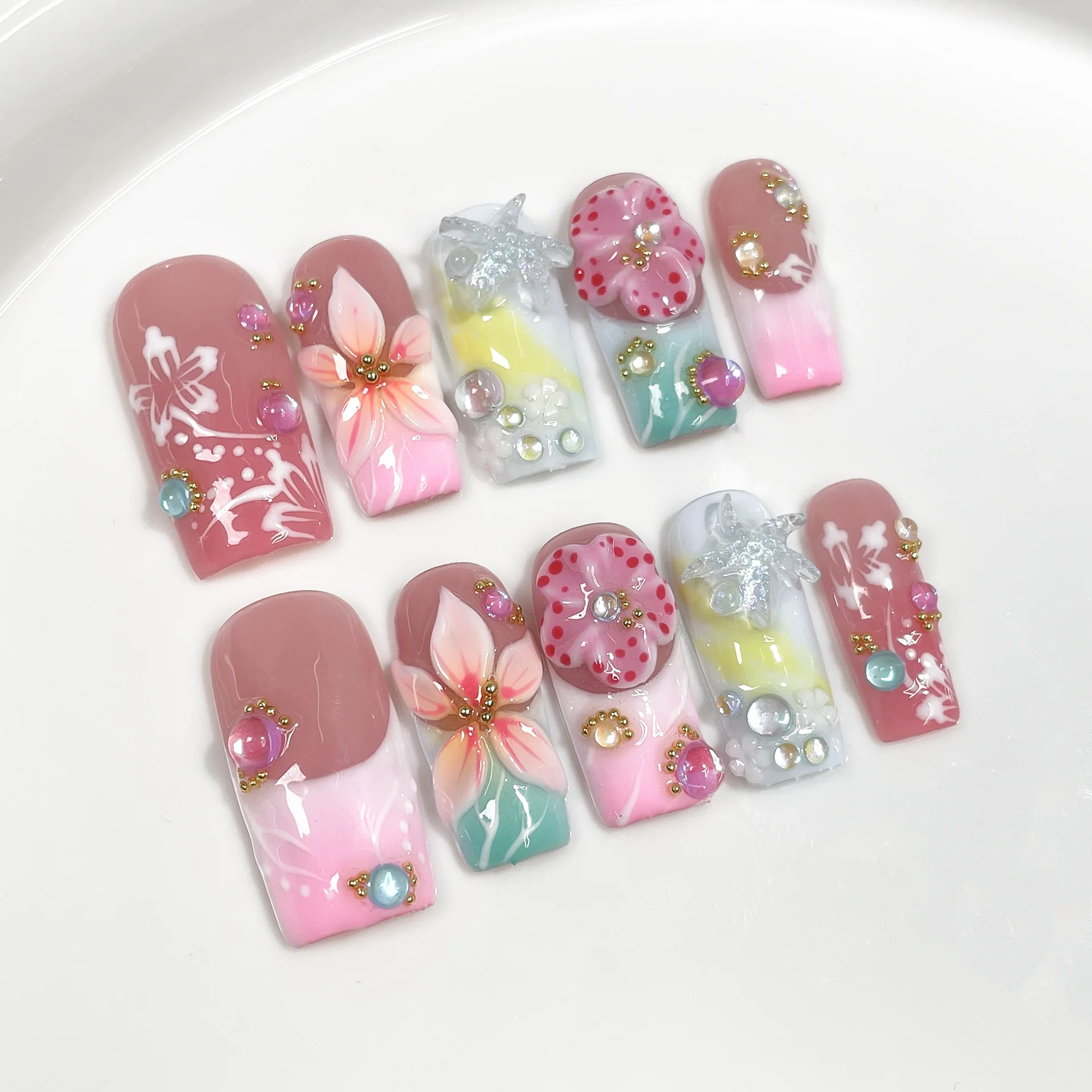 (711-m) Paquete De 10 Uñas Postizas Rectangulares Medianas Hechas A Mano, Tipo Adhesivo Para Uñas