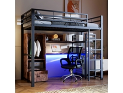 Cama Alta 90x200 Metal Luzes Led Escrivaninha Gaveta Prateleiras Grade Escada Sem Colchão Certificada En747 Preta