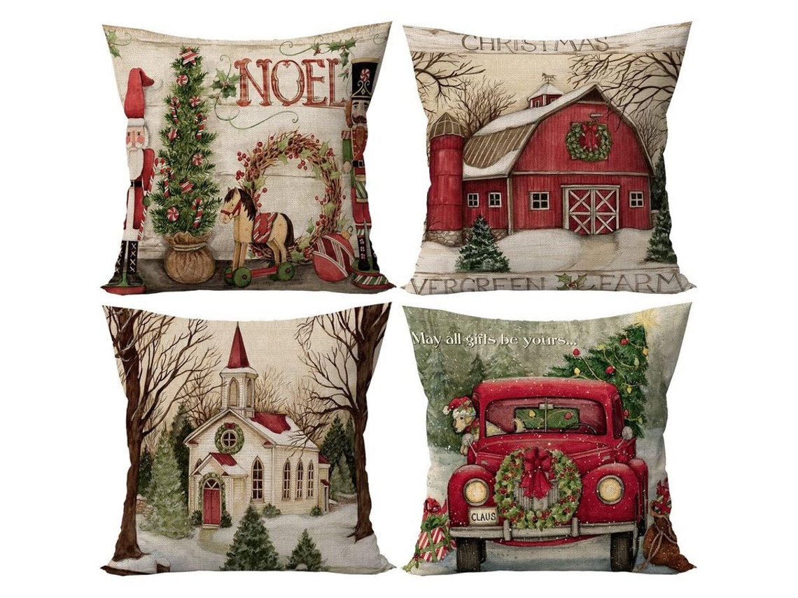 Juego De Fundas De Almohada Navideñas (4 Piezas) - Decoración Navideña Para El Hogar - Sofá - Almohada Navideña