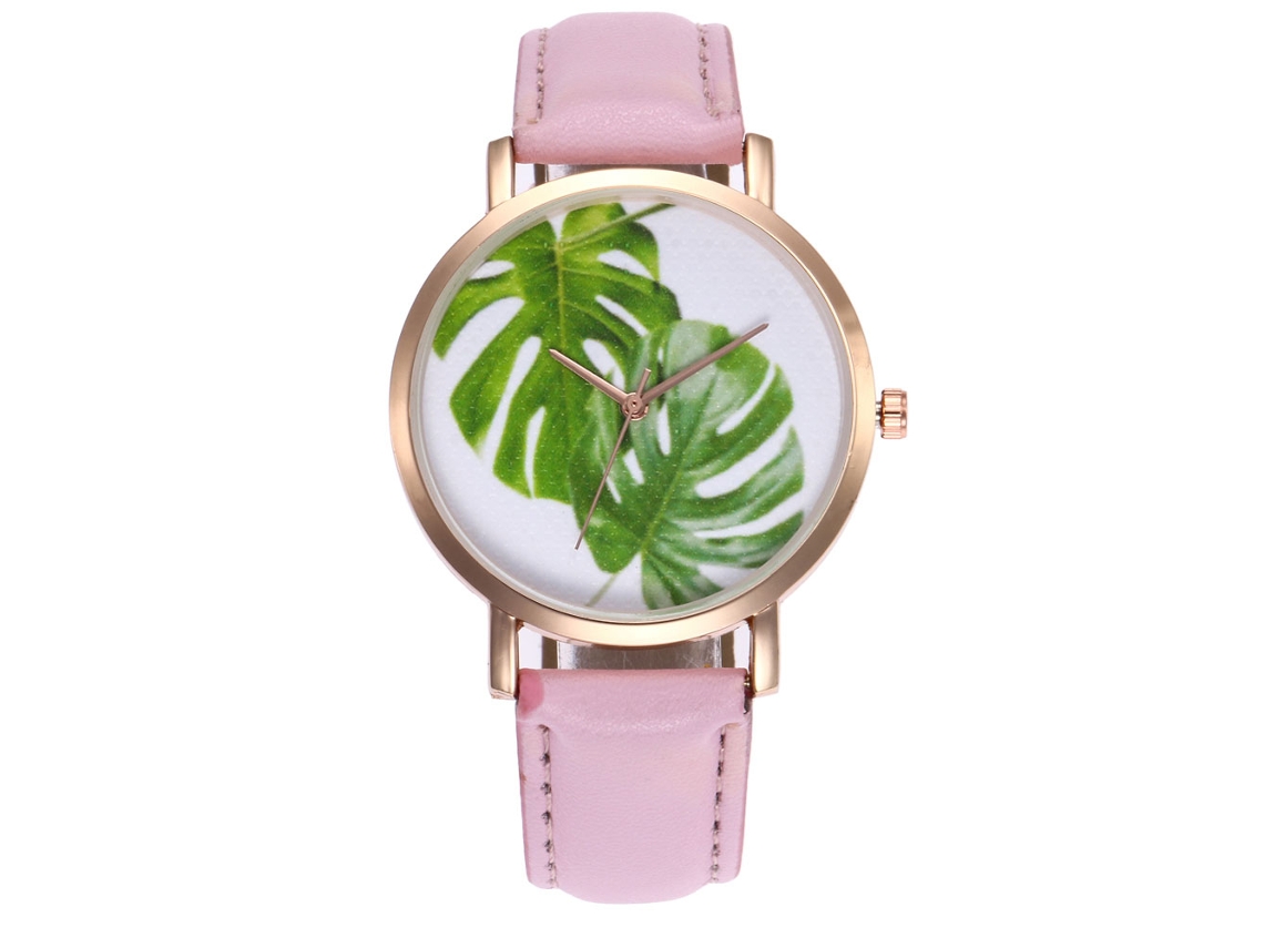 Reloj De Pulsera De Cuarzo Para Mujer Con Correa De Piel Sintética Con Estampado De Hojas Rosas.