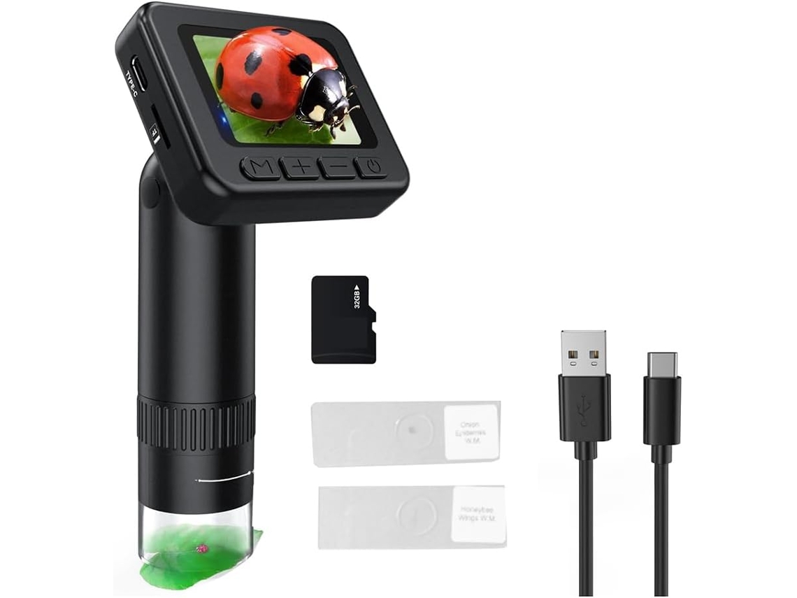 Microscopio Infantil, Aumento De 50x A 1000x, Pantalla Hd Ips, Fotos De 2 A 31 Mp, Vídeo 1080p.