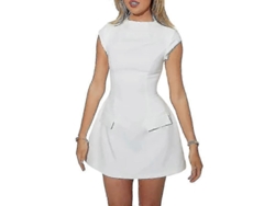 Elegante minivestido ajustado para mujer con cuello redondo, mangas cortas, bolsillos, corte A, chic.