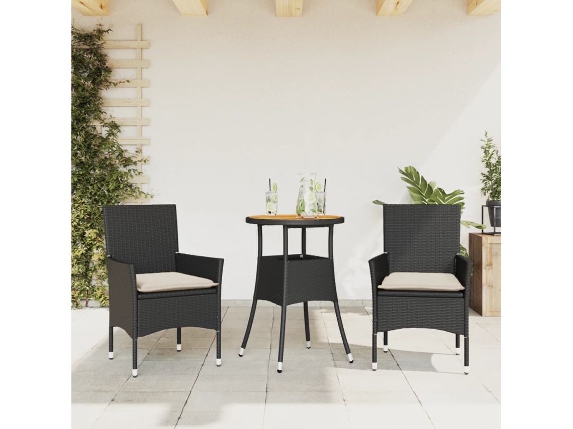 Juego de comedor de jardín de 3 piezas con cojines de mimbre de acacia negra de DKD Home Decor