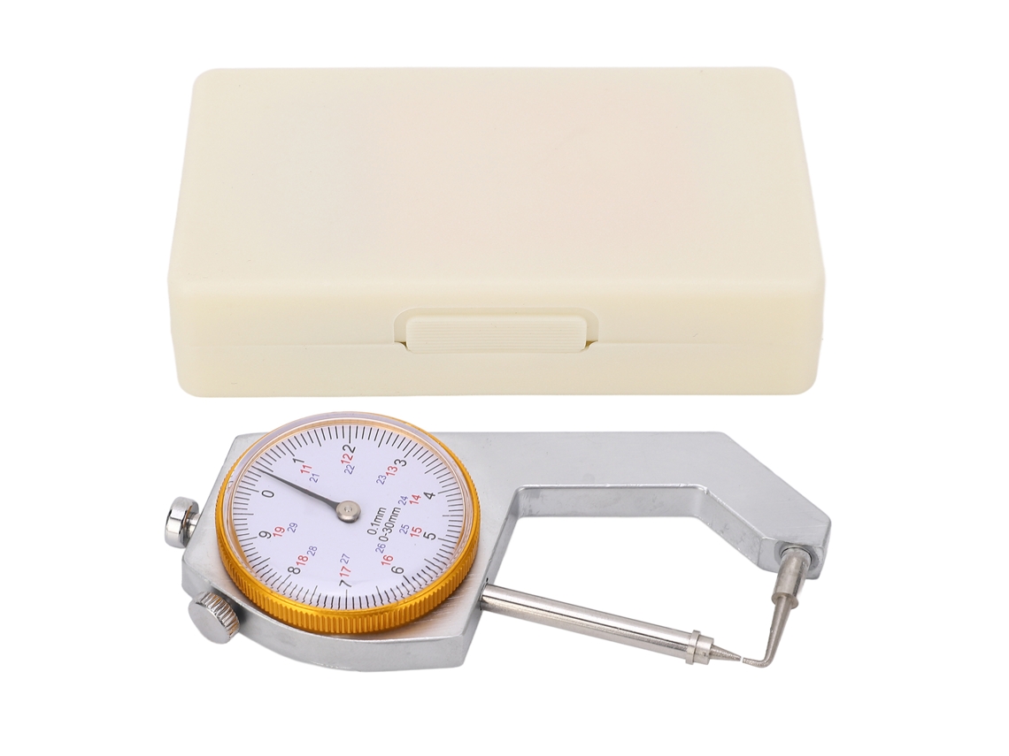 Medidor de espesor con cabezal curvo, bloqueo de dial, 0-30 mm, precisión de 0,1 mm, portátil