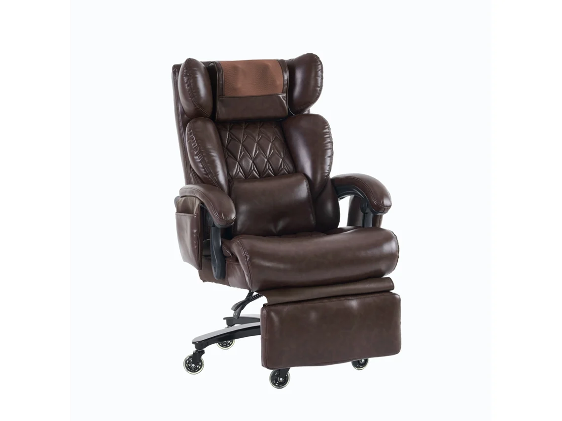Silla De Oficina Ergonómica De Cuero Sintético Con Función De Masaje Y Calefacción, Reclinable Hasta 150 Kg, Reposapiés, Giro De 360°, Color Marrón