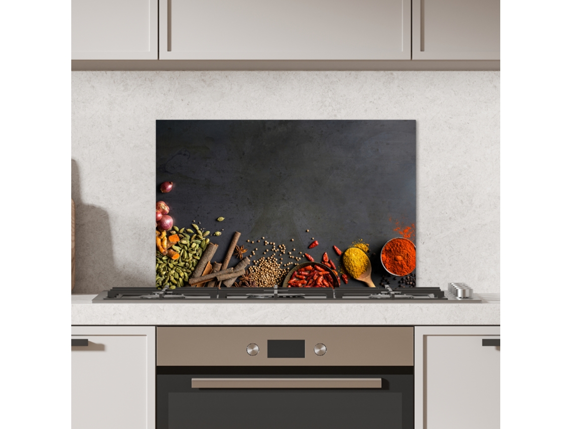 Protector antisalpicaduras de cocina con hierbas, especias, pimentón negro y canela, 70x50 cm.