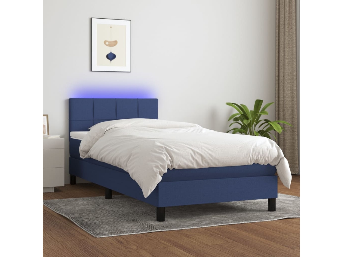 Cama Box Spring Colchón Y Luces Led Tela Azul 90x190 Cm