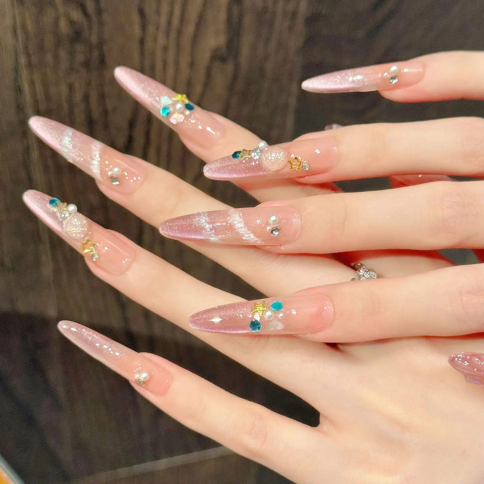 (2888-xs) Set De 10 Piezas De Uñas Postizas De Estilo Ojo De Gato Hechas A Mano En Color Rosa Con Uñas Postizas Reemplazables.