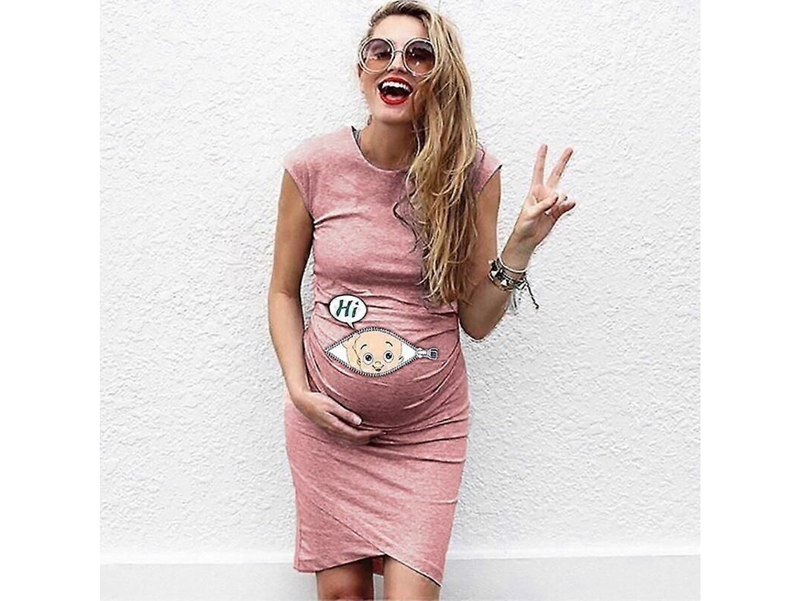 Vestido De Maternidad Casual Suelto Plus Size Con Estampado De Cartoons Y Letras Para Mujer Embarazada Rosa S