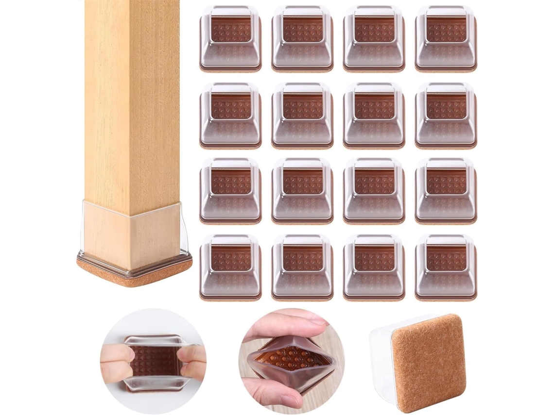Juego de 16 protectores de patas cuadrados en silicona transparente, protección para piso con fieltro, sin arañazos o ruidos (25-36mm)