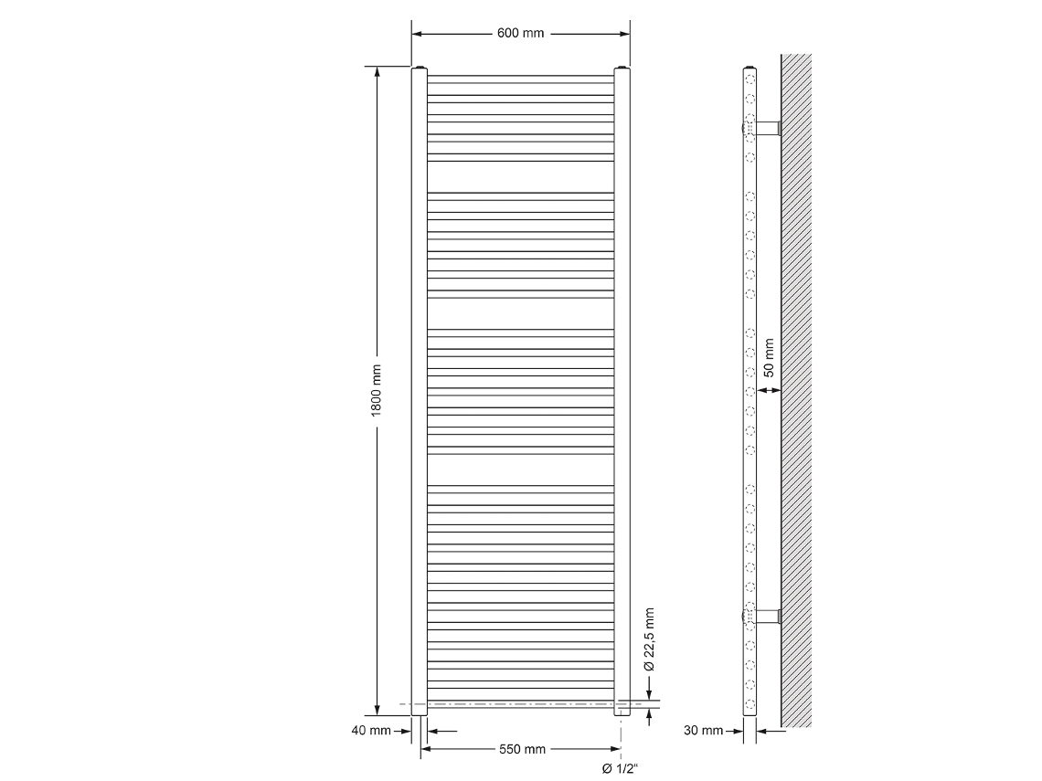 Radiador eléctrico de baño con resistencia 900W 600x1800 mm antracita recto con conexión lateral LUXEBATH