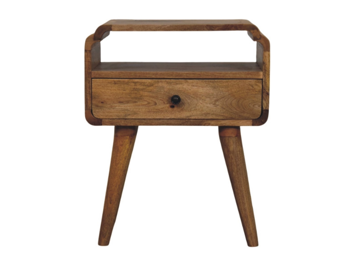Mesita de noche Newton de madera maciza de roble, 1 cajón y estante abierto, marrón claro, muebles artesanales