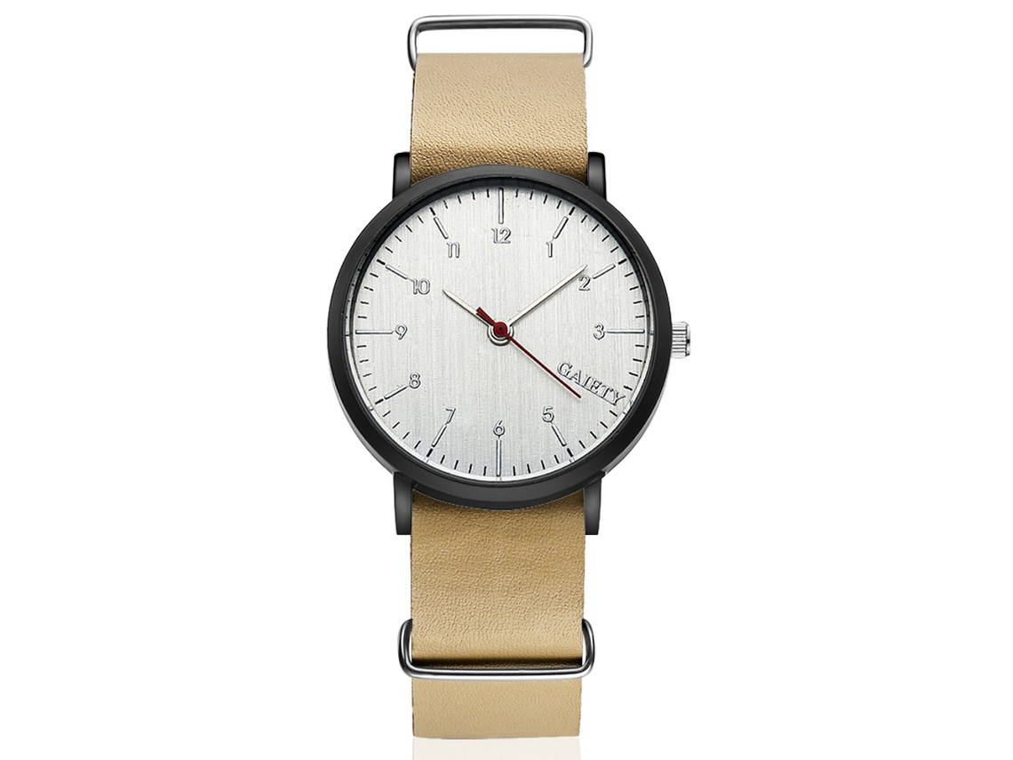 Reloj de pulsera sencillo estilo Gaiety para hombre, esfera redonda, correa de cuero sintético beige.