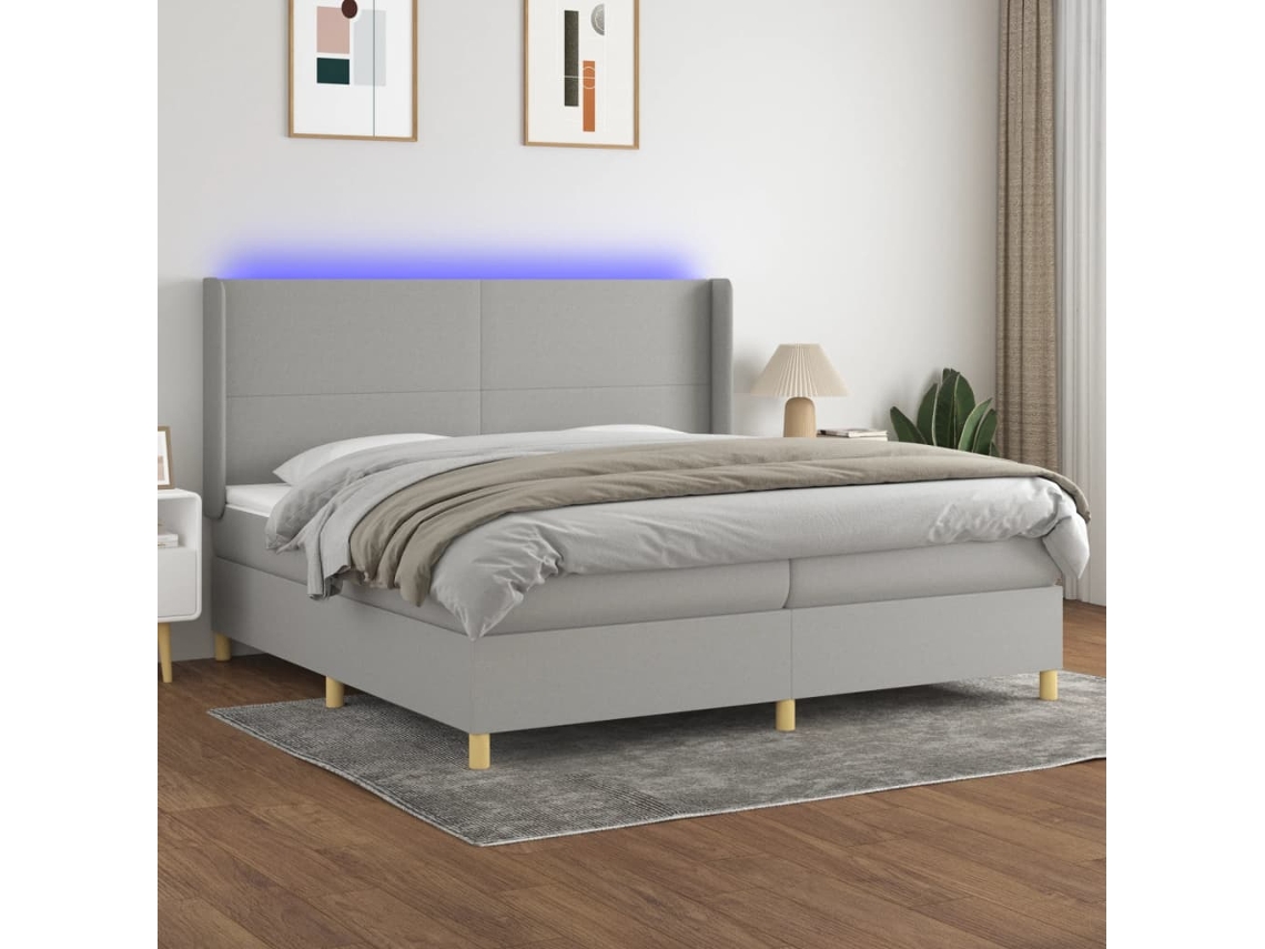 Cama Box Spring Con Colchón Tela Y Led Gris Claro 200x200 Cm