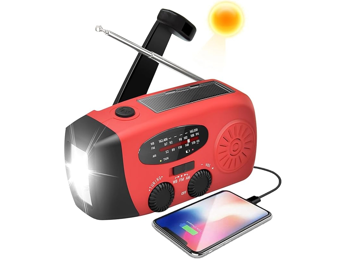 Radios solares de emergencia con manivela, alimentación móvil de 2000mAh, linternas LED, alerta meteorológica AM/FM/NOAA