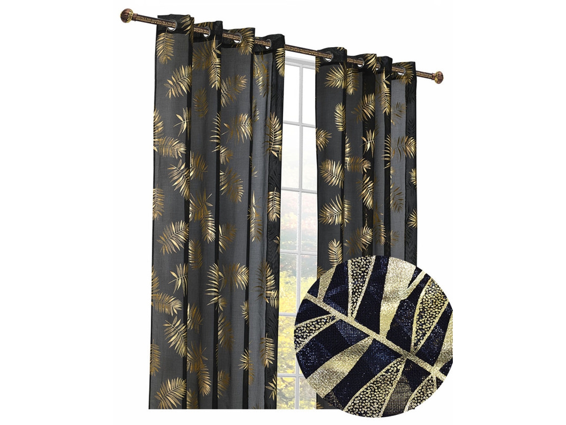 Cortina estampada con hojas doradas 140 x 260 cm Negro - Individual