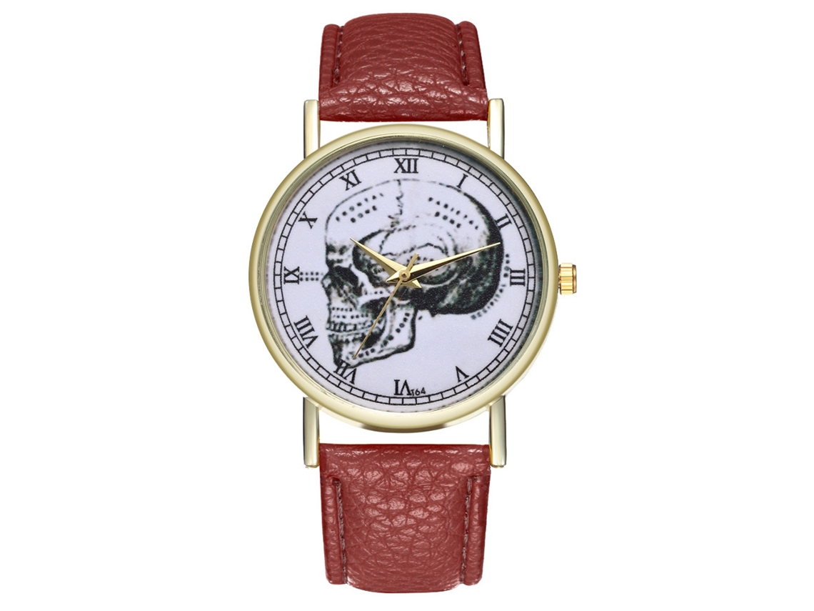 Reloj De Cuarzo Unisex Con Correa De Cuero Pu Skull Patrón Números Romanos Café