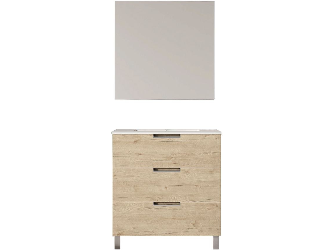 Mueble de baño con Lavabo, Espejo y Aplique LED VOLARE 80x45 cm acabado Roble mate 3 cajones con patas