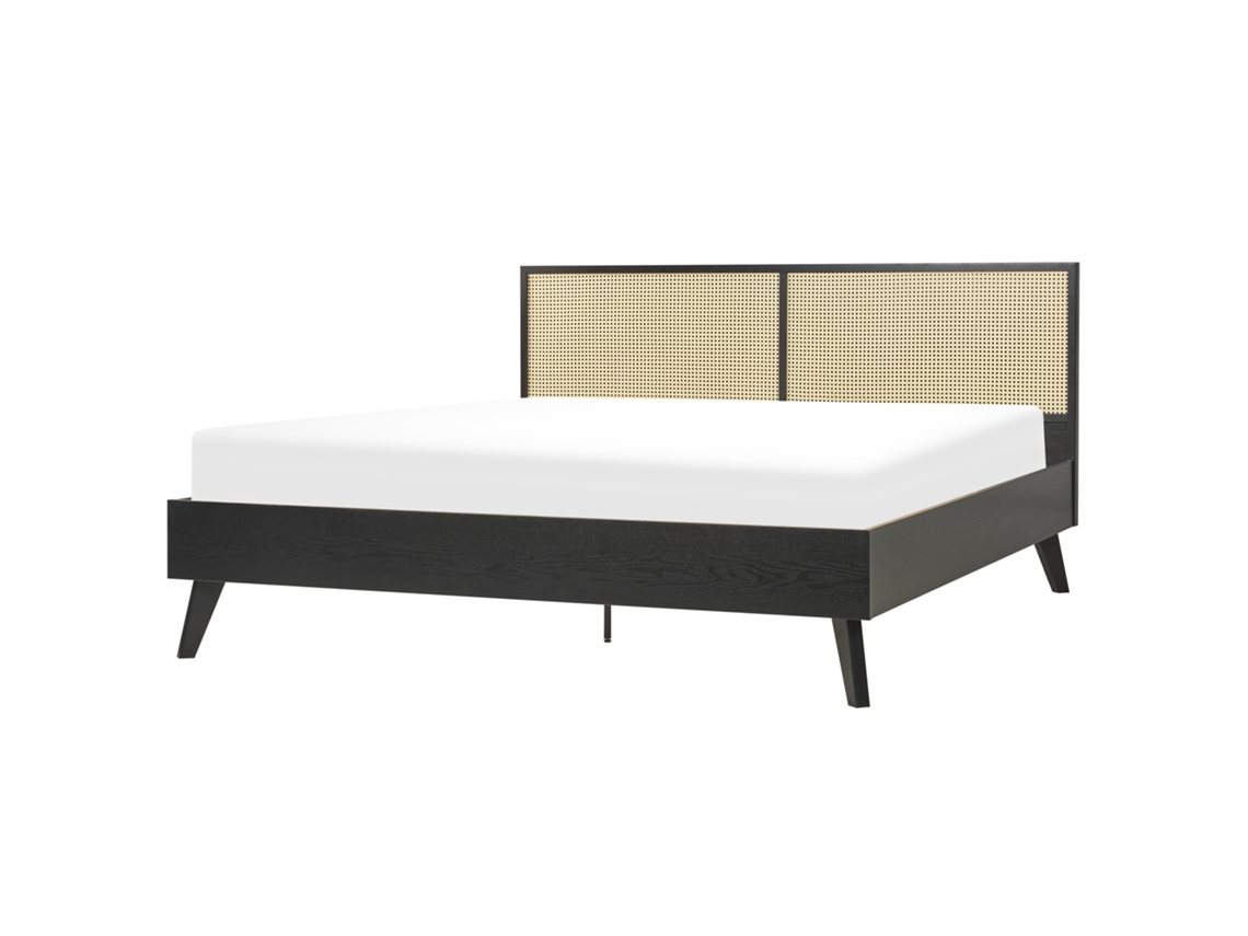 Cama con somier BELIANI Monpazier de Ratán, Tablero de fibra Negro 187x209x99