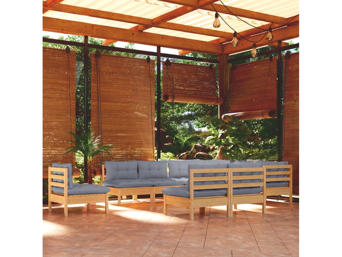 Conjunto de jardín DKD Home Decor de 10 piezas con cojines de pino macizo gris
