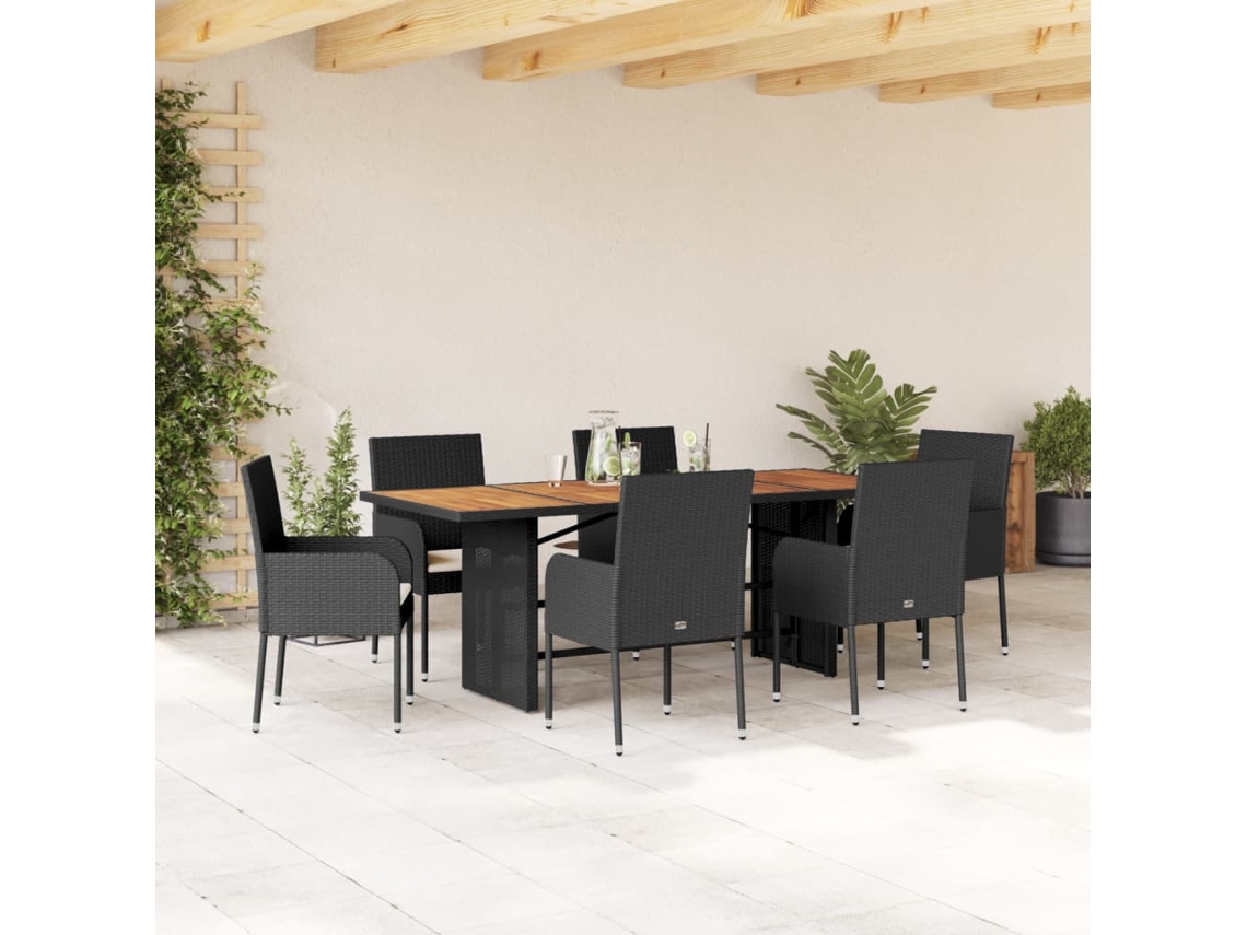 Juego de comedor de jardín de 7 piezas con cojines de mimbre negros de DKD Home Decor