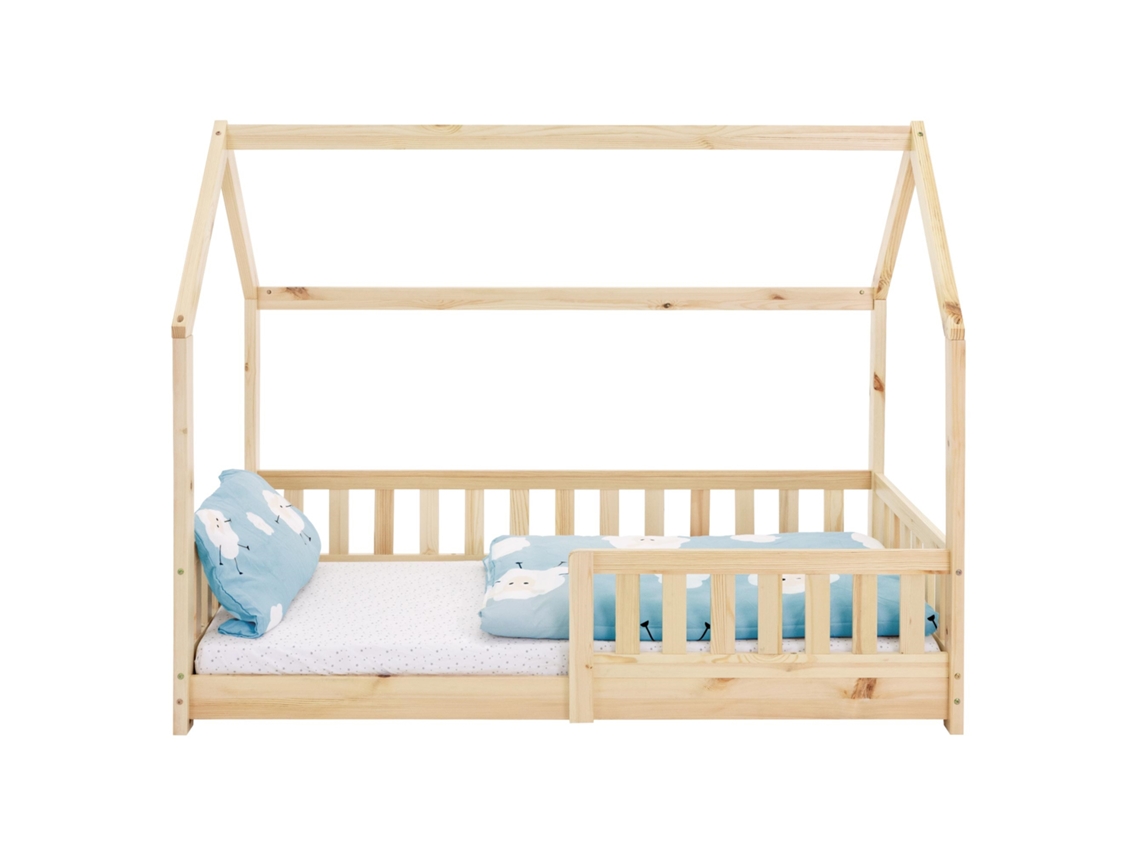 Cama infantil casa ML-Design 80x160cm color natural con protección anticaída y somier