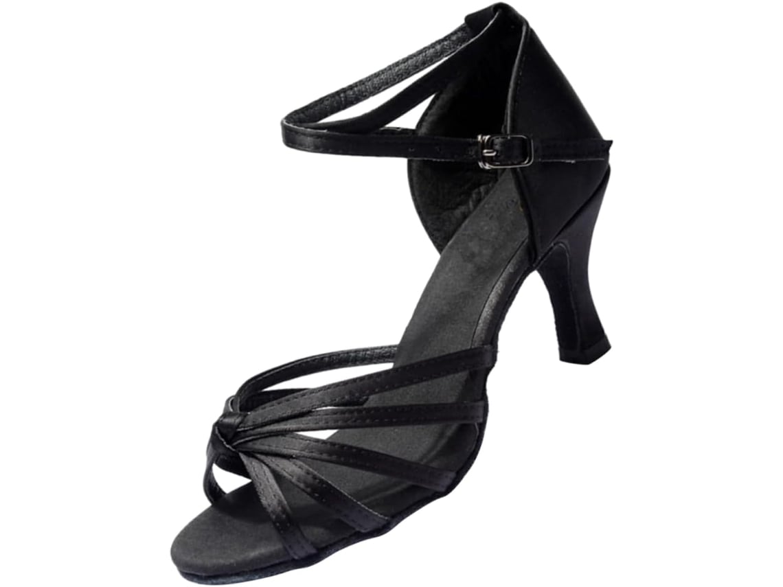 Zapatos de baile latino para mujer en satén con tacón, elegantes y fáciles de poner, color negro.