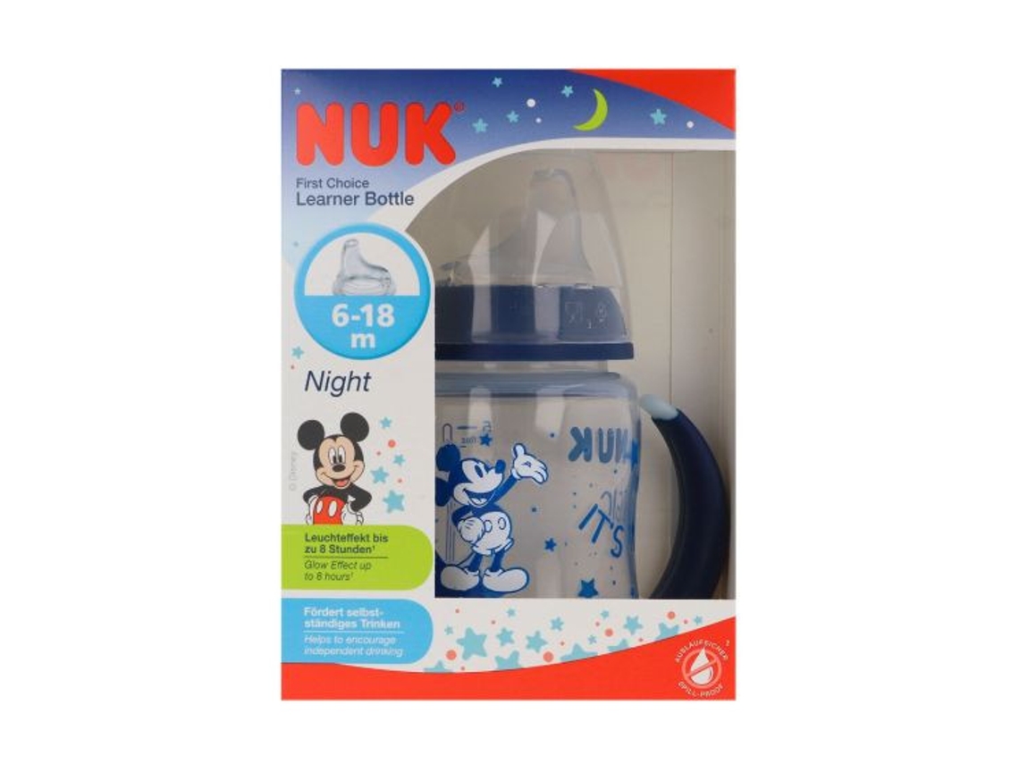 Biberón Nuk First Choice Learning, 150 ml, 6 meses, Mickey brilla en la oscuridad, azul