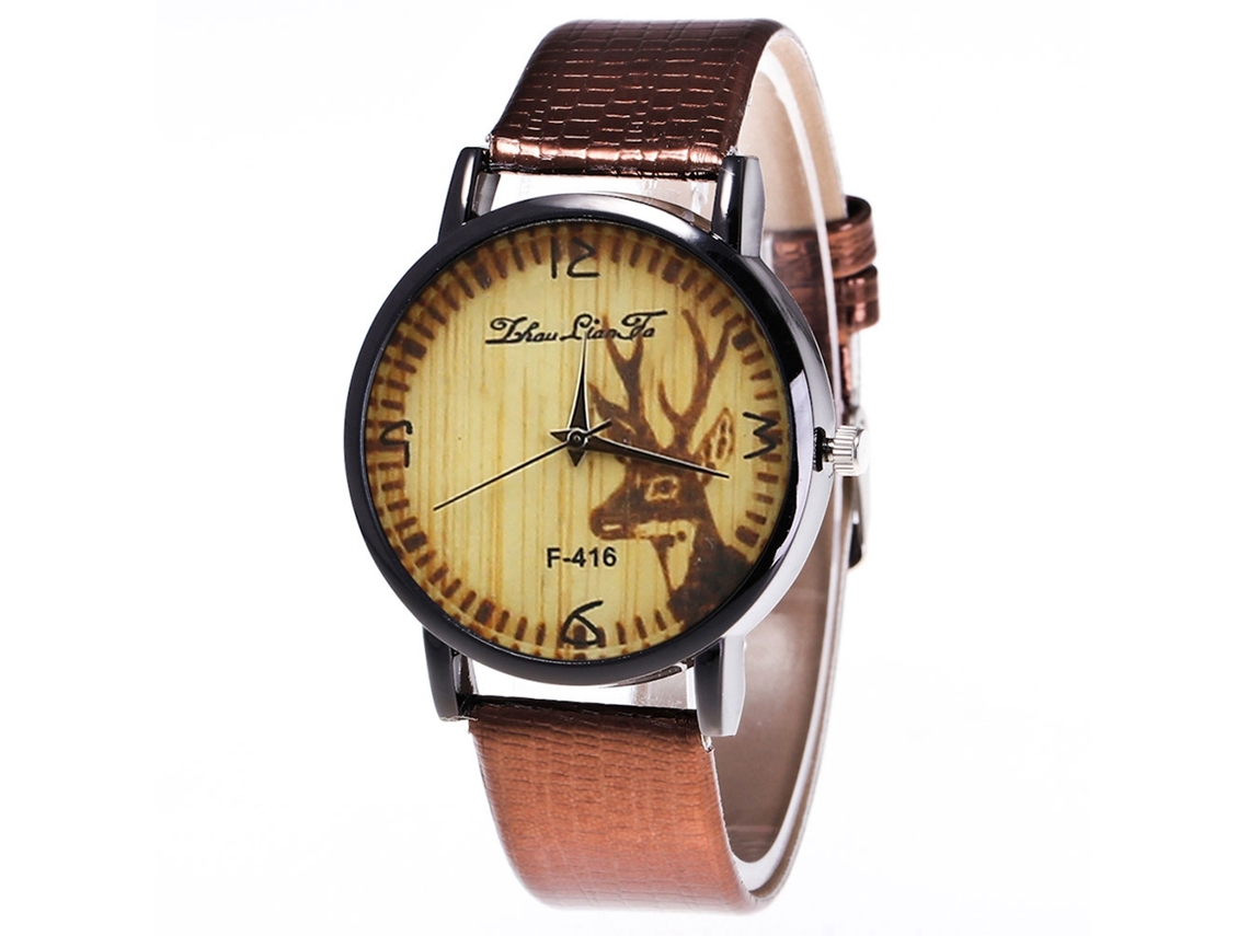 Reloj De Cuarzo Con Correa De Cuero Pu Patrón De Alce Moda Zhoulianfa Café