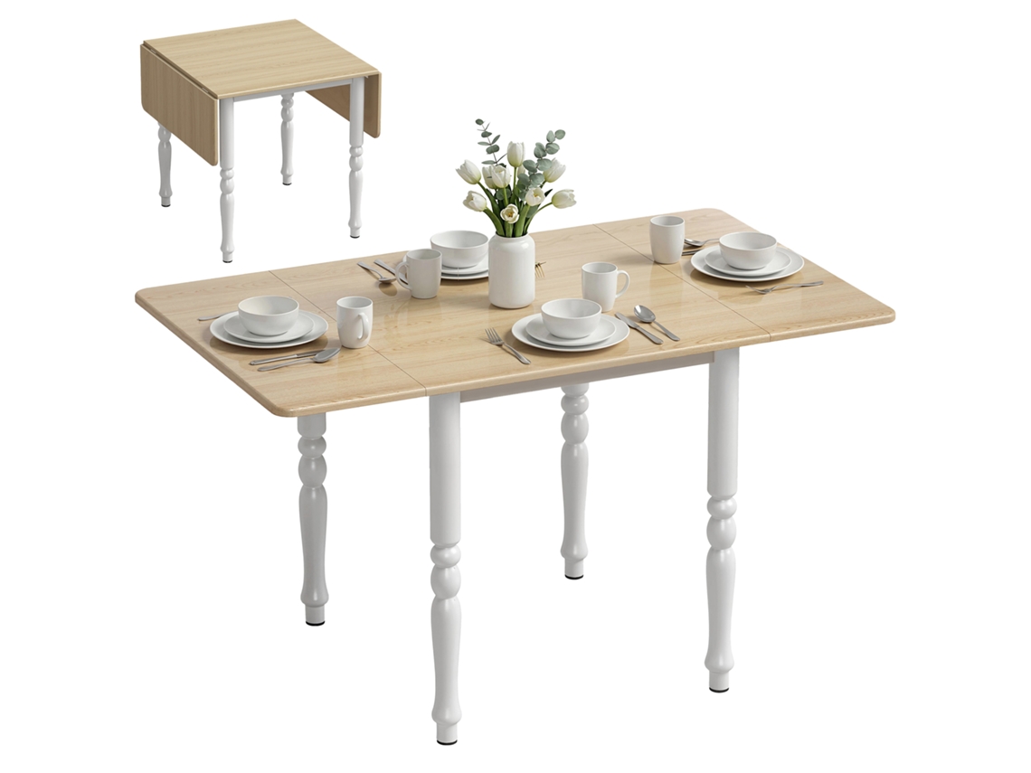 Mesa de comedor plegable para 2 a 6 personas, de 74 a 134 cm. Mesa de cocina con 2 extensiones plegables. Patas de acero. Madera natural.