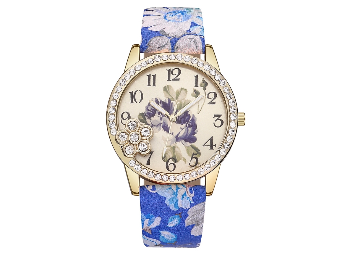 Reloj De Cuarzo Para Mujer Con Correa De Piel Sintética, Estampado Floral Y Diamantes De Imitación Azul Oscuro.