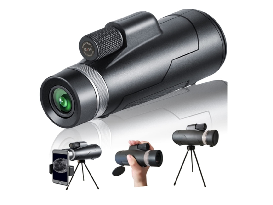 Telescopio monocular de alta definición 12x50 con soporte para smartphone y trípode, lente FMC y prisma Bak4 Yizhood (negro)